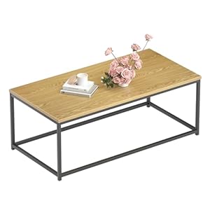Modern Industrial Style Rectangular Coffee Table for Living Room, Bedroom – Rustic Accent Minimalistic Furniture with Wood Grain Top & Metal Frame – Center TV Table – Light Brown