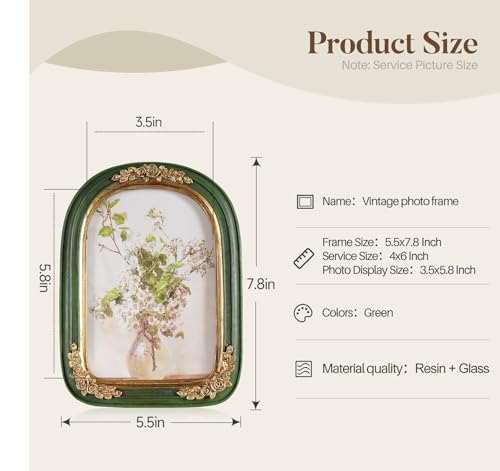 Vintage 4x6 Picture Frame, Green and Gold Arch Frames, Ornate Floral Resin Photo Frame with Glass Front for Tabletop or Wall Display, Antique Decorative Frame for Home Decor or Gift