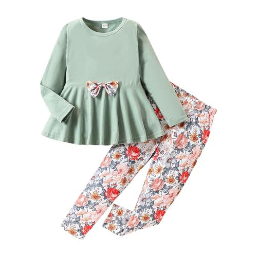 Image of Kids Toddler Girls Clothing Set Long Sleeve Top With Bowknot ＋Floral Print Pants 2 Pcs Fall Outfits Set