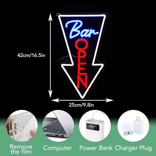 Image of Bar Open Neon Sign USB Powered Open Arrow Guide Neon Sign for Bar Decor Dimmable Switch Light Up Bar Sign for Club Beer Shop Neon Light (16.5 * 9.8 In)