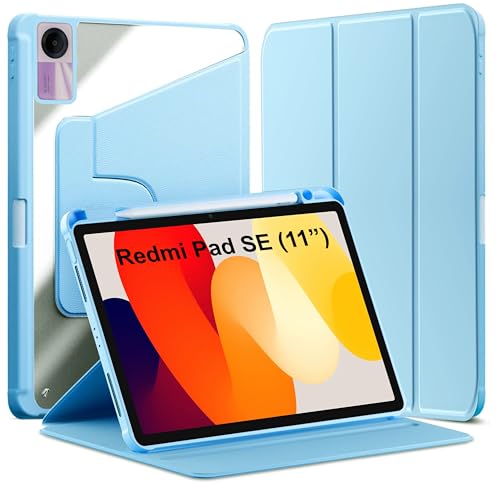 Image of TGK Rotating Case for Redmi Pad SE 11 inch with Pencil Holder 360 Degree Rotation Protective Trifold Stand Cover Clear Back (Sky Blue)