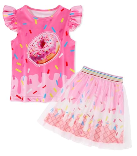 COTRIO Girls Tulle Skirt Set Toddler Summer Outfits Two Piece Ruffle Sleeve Donut Print T-Shirt Tutu Dress Kids Birthday Party Clothes Size 6 (5-6 Years Pink)