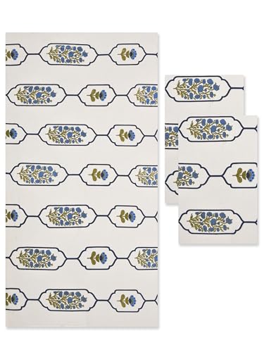 Image of Mafatlal Madhuban Premium Waffle Set (1 Bath 147x76 cm + 4 Hand 76x38 cm) | 250 GSM | High Absorbent Hand Block Print | Cotton | Horizon Blue