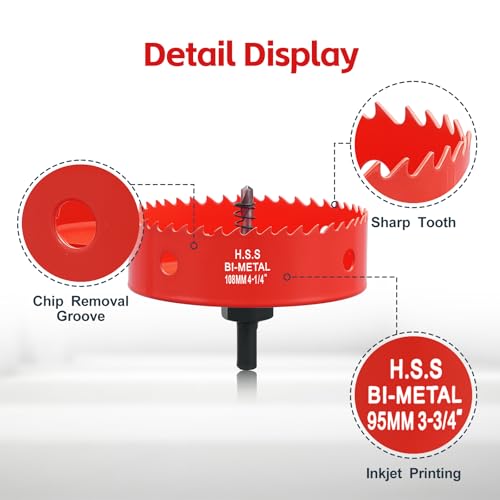 Image of 4-1 /4 Inch Hole Saw with Dust Bowl, 4.25 Hole Saw for Recessed Lights, Hole Cutter for Led Recessed Lighting, Wood and Drywall, Red