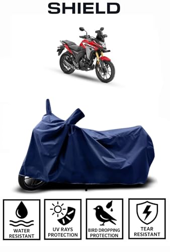 Image of Shield Heavy Duty Bike Cover for Honda Cb200x | All-Season, Tear-Proof Fabric | with Side Mirror Pocket & Buckle Belt | Honda Cb200x Bike Cover (Blue)