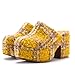 Pazzion Women's Comfy Thick Platform Round Closed Toe Clogs Mules Slip On Block High Heel Backless Slippers Versatile Indoor Shopping Shoes Size 8 Yellow Plaid