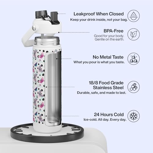 Image of ENCOOL Insulated Water Bottle with Straw Stainless Steel Water Bottle, Glow in the Dark, Leak-Proof, BPA-Free, Keeps Cold for 24 Hours for Sports, Travel, School (26 oz, White Butterfly)