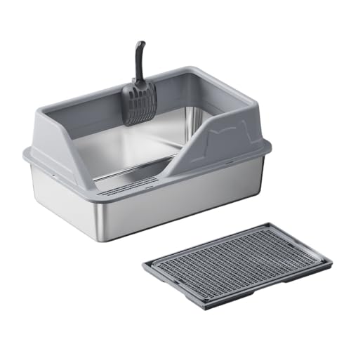 YAKINO ステンレス製猫用トイレボックス オープンハイフェンス 飛沫防止 猫用トイレ ペット用品 (猫砂盆+?接猫砂?,60*40*28,ライトグレー)