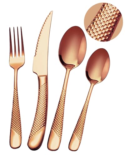 SHEUMNT 24-teiliges modernes, Gehämmertes Besteckset aus Roségold mit ultrascharfem 2-in-1 Wellenschliffmesser, Utensilienset aus Edelstahl 18/10,...