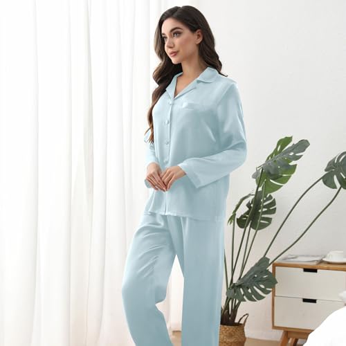 Luxury 16 Momme 100% Mulberry Silk Women’s Long Sleeve Pajamas Set, V-Neck, Adjustable Waist, Premium Solid-Color Loungewear3