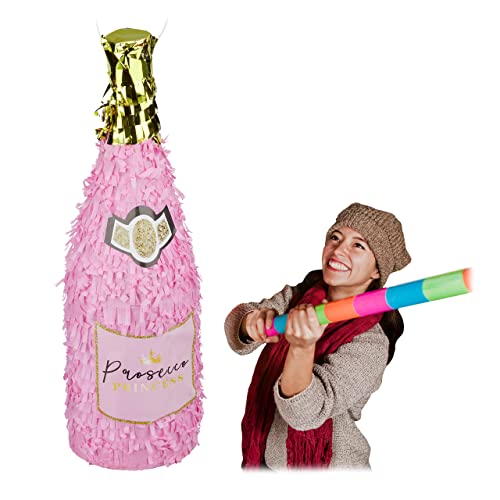 Relaxdays Pinata Sektflasche, Champagner Pinata zum Aufhängen, Geburtstag, Prinzessin, Piñata zum Befüllen, rosa-gold