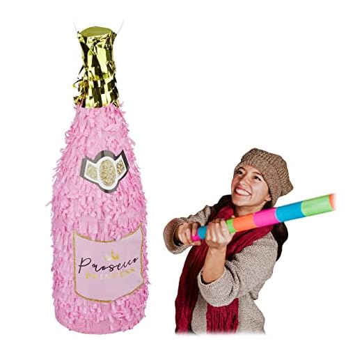 Relaxdays Pinata Sektflasche, Champagner Pinata zum Aufhängen, Geburtstag, Prinzessin, Piñata zum Befüllen, rosa-gold