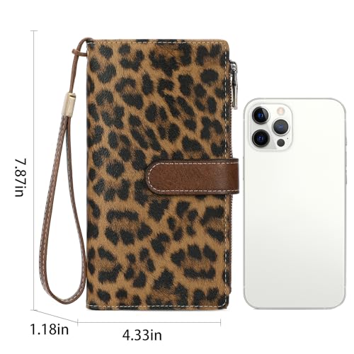 Image of GOIACII Large Wallet for Women Leather Wristlet Leopard Print | RFID Blocking, Multi-card Slots, Detachable Wrist Strap, Trifold Clutch Purse