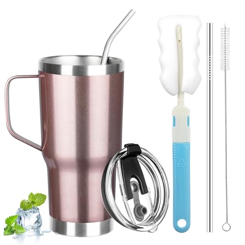 Image of 20 oz Tumbler with Handle, Stainless Steel Insulated Tumbler with Lid and Straw, Double Wall Vacuum Coffee Mug Tumbler, Insulated Coffee Thermal Cup for Cold and Hot (Rose gold)