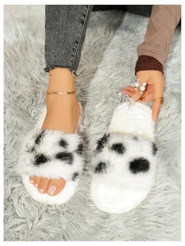 MakeMeChic Women's Cute Cow Print Faux Fur Home Slippers Open Toe Fuzzy Indoor Shoes4