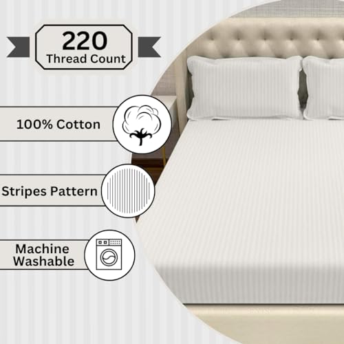 Image of Divine Casa 100% Cotton 210 TC King Size Bedsheet Italian Stripe | Soft Lightweight Breathable Bed Sheet with 2 Pillow Covers | Premium Design Bedding for Bedroom | 275 x 275 cm (Cream, Striped)