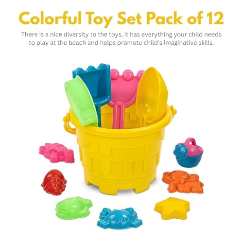 Image of Kids Beach Sand Toy Set - Castle Bucket with Shovels, Rake & Sea Animal Moulds (Crab, Turtle, Starfish, Shell) Pack of 12 | Outdoor Summer Sand Play Kit for Toddlers