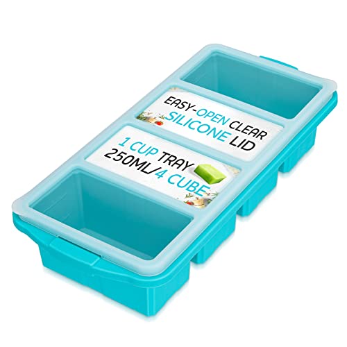 Xomoo Silicone Freezer Tray With Lid - Soup Freezer Container Molds - Large Ice Cube Tray- Makes 4 Perfect 1 Cup Portions Cubes，1-Pack Freezer Storage Food Soups & Meal Prep-Oven & Dishwasher -Safe #TOP1