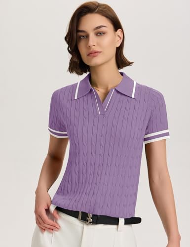 Image of Micoson Womens Short Sleeve Sweater Tops Lapel V Neck Polo Shirts 2026 Summer Cable Knit Loose Blouse Business Casual Outfits
