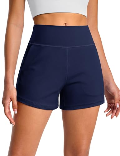 BAYDI Clouduxi Athletic Shorts for Women High Waisted 3 Inch Wide Leg Workout Running Yoga Shorts with Pockets Navy Blue