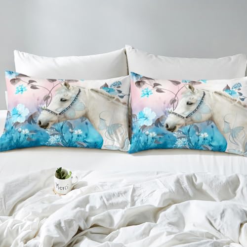 Image of White Horse Animal Bed Sheet Set 4 Piece,Fantasy Butterfly Wildlife Sheets Full Size Bed Set,Blue Flowers Rustic Bedding Set with Flat,Fitted Sheet,2 Pillow Cases