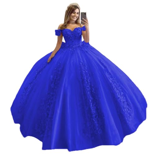 XYAYE Women's 3D Flowers Royal Blue Quinceanera Dresses for Sweet 15 Off Shoulder Prom Dresses Long Ball Gown Puffy Birthday Party Gowns Size 6