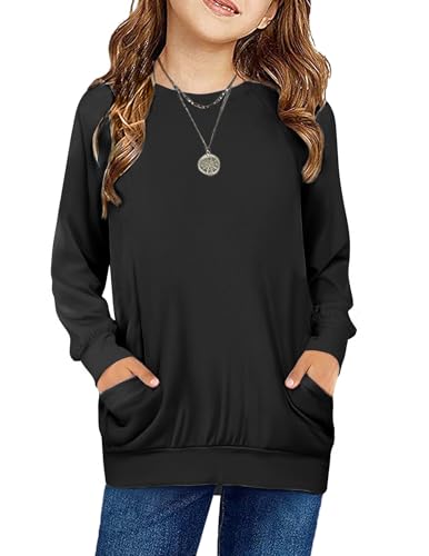 Arshiner Girls Long Sleeve Shirts with Pockets Crewneck Soft Casual Raglan Kids Blouse Tee Tops