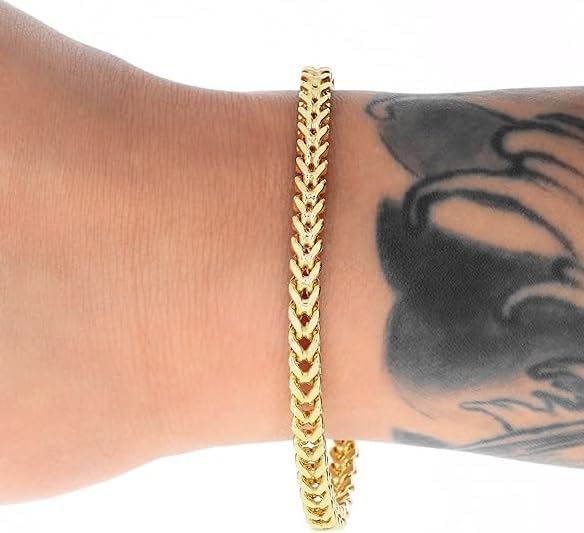 IMPRESSIVE Men's Franco Chain Foxtail Link Bracelet Stainless Steel 4mm 14k Gold Plated 8.5 inches - Image 2