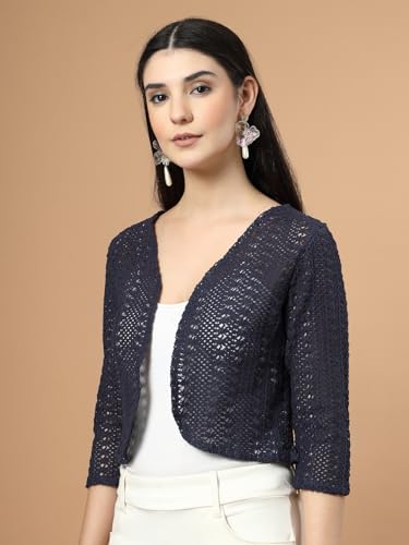 Image of Style Quotient Women Cotton self Design lace Crop Open Front Shrug