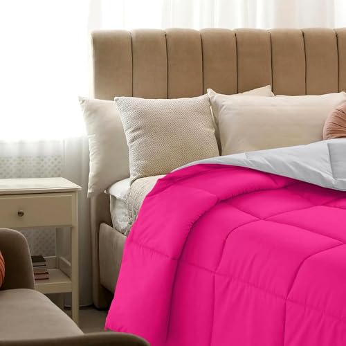 Image of Quilt for All Season 150 GSM Comforter Duvet /Ac Blanket Single Bed Soft Microfiber Lightweight (60 inch X 90 inch Inches) - Single Bed Comforter - Hot Pink /Silver Grey Color