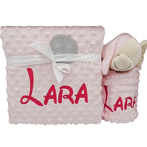Manta de Bebe Personalizado con su Nombre Bordado, Cochecito o Capazo. Manta + DouDou Set de Regalo para Recién Nacido