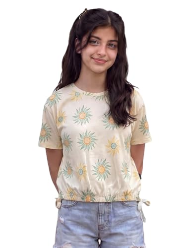 Image of Li'l Tomatoes Girls 100% Cotton Printed Top | Half Sleeve Casual Summer Top for Girls | Soft & Breathable Everyday Wear | Floral Sunflower Print | 9-16 Years