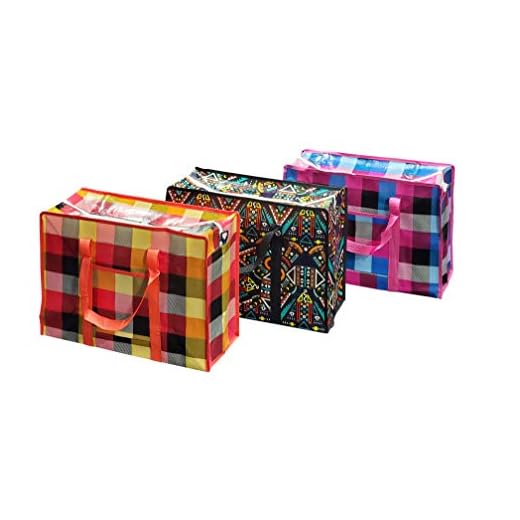 Cotton Fly Set of 3pc Thick,Strong & Durable Storage Laundry Shopping Bags W. Zipper,Side Pocket with strong Handle for Travelling,Moving,Camping,Size:19.75L X 14H X 7.5W Inch Assorted Design & Colors