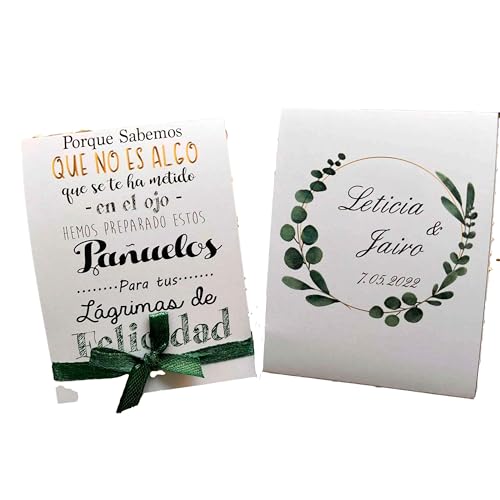 Lágrimas de Felicidad para Bodas con pañuelo de papel y diseño con ramas de eucalipto 50 unidades totalmente personalizado con nombres y fecha