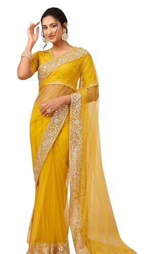 IMTRA FASHION Net Saree for Women Indian Ethnic Dress Wedding Gift Embroidery Sari with Unstitched Blouse Piece-Yellow
