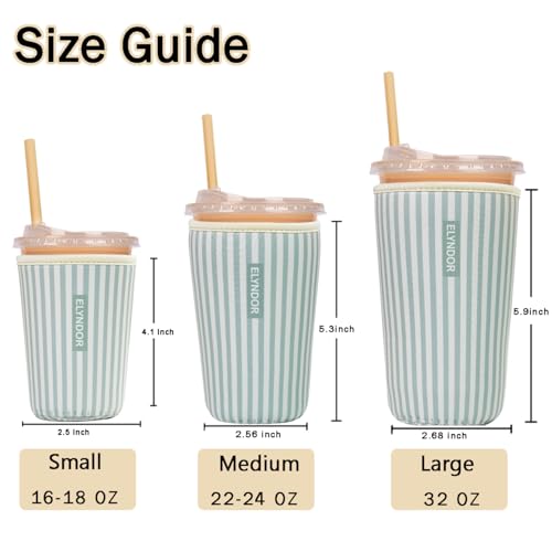 Image of Reusable Insulated Sleeve for Iced Coffee Cup, Coffee Neoprene Sleeve for Cold & Hot Drinks, Beverage Holder for Iced Coffee (Green Stripes, Small: 16-18oz)