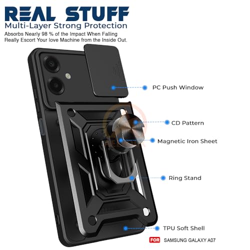Image of Armor Bumper Back Cover Case for Samsung Galaxy A07 Rotating Camera Cover, Ring Holder & Kickstand | Heavy Duty & 360 Degree Protection Samsung Galaxy A07 Back Cover (Black)