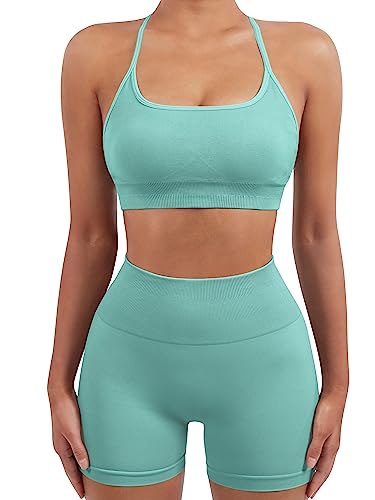 Image of SUUKSESS Women Seamless Workout Sets Strappy Sports Bra High Waist Booty Shorts Outfits