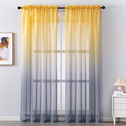 CUTEWIND - Cortinas de gasa para ventana, color amarillo y gris degradado para ventana, cortinas y cortinas de 137 x 183 cm de largo, 2 paneles Cover