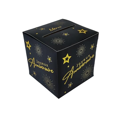 Tralala Fêtes Boîte urne Anniversaire-Boîte Joyeux Anniversaire imprimé-Urne décorative fête Noir/Doré 20x20cm-Pour réception fête d’Anniversaire-Pour...