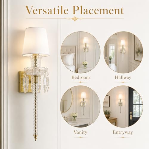Image of Modern Crystal Wall Sconce with Linen Shade Vintage Crystal Gold Wall Light Modern Glass Golden Wall Lamp for Bedroom, Hallway, Living Room, Mirror