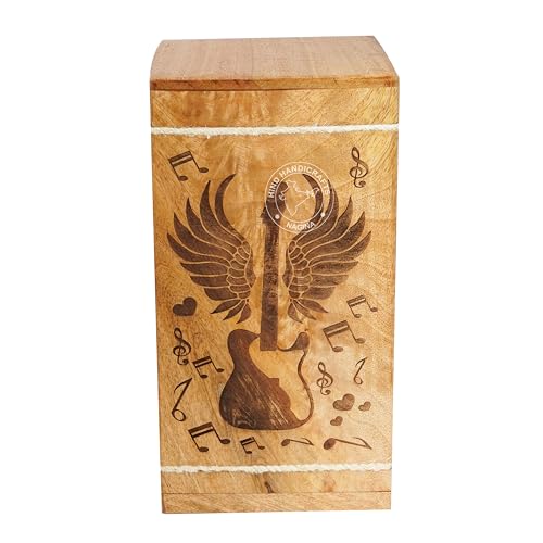 Image of Handcrafted Floral Engraved Wooden Urns for Human Ashes Adult Large - Cremation Urn for Ashes - Burial Urn for Columbarium - Funeral Urn Box (Guitar Wings, 250 LB - Hardwood)