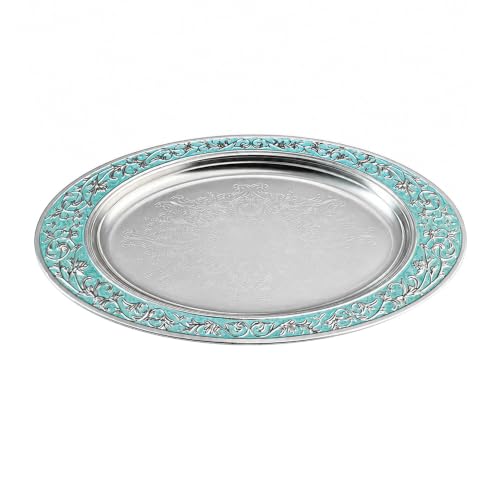 Image of Diviniti Luxury Oval Decorative Tray | Premium Silver Finish Metal Oval Platter with Turquoise Embossed Border | Luxury Home Decor Display Tray for Coffee Table, Dining Table, Console & Gifting (Blue)