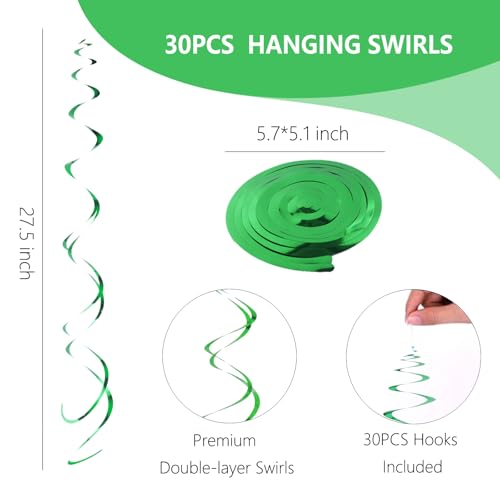 Image of Green Hanging Swirls Party Decorations 30 Pack- Extra Long Double Swirl Ceiling Decorations for Minecraft Birthday, Christmas, Wedding, St.Patrick's Day| Reusable Green Party Streamers with Hooks