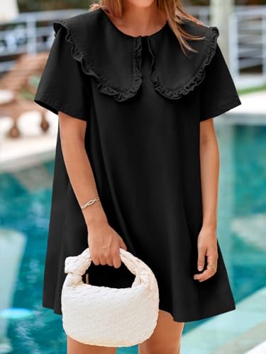 Wenrine Womens Summer Denim Mini Dress Oversized Peter Pan Collar Short Sleeve Casual Flowy Babydoll Jean Dresses4