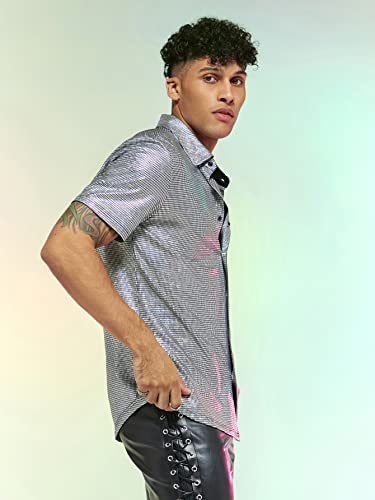 Floerns Men's Metallic Short Sleeve Button Front Lapel Collar Streetwear 70s Disco Party Sequin Shirt4