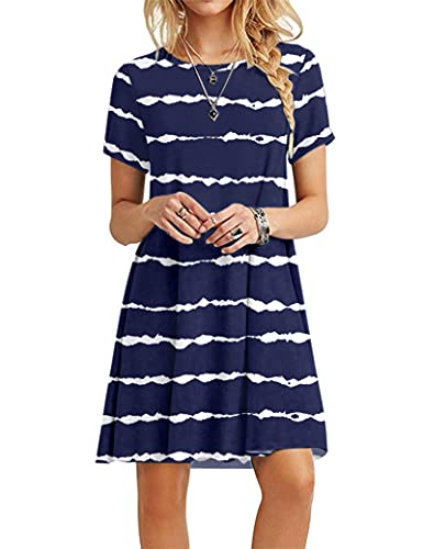 MOLERANI Damen Sommerkleider T-Shirt Kurzarm Strandkleid Casual Loose Swing Damenkleid Marineblau gewellt gestreift L
