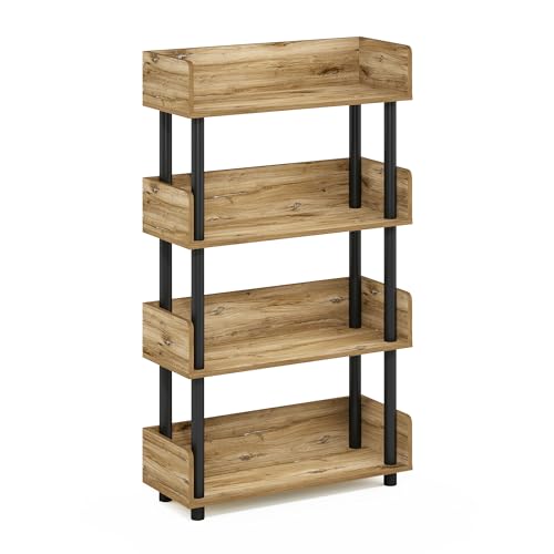 Image of Furinno TURN-N-TUBE 4-Tier Display Shelf, Storage Shelves, Book Shelf, Open Shelves with Rounded Corner Top Edges, for Organization and Storage, Living Room, Home Office, Flagstaff Oak