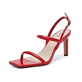 QIY Strappy Heels for Women Red Open Toe Sandals High Heel Ankle Strap Sandals Women Square Toe Heeled Sandals Summer Size 7