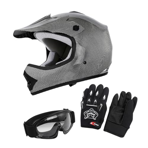 TCT-MT Youth Kids Helmet DOT Certified Carbon Fiber Silver Full face Off-Road Motocross Street Dirt Bike ATV MX Helmet (Child, Medium)